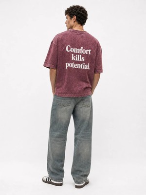 Respire Erkek Puf Baskılı Yıkamalı Oversize T-Shirt Bordo