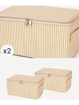 Empressco Nacarev 2 Adet Küçük Boy Krem Çizgi Desenli Baza Altı Valiz Düzenleyici Organizer Seyahat Hurcu 30X20X15 cm - Fiyatı, Yorumları