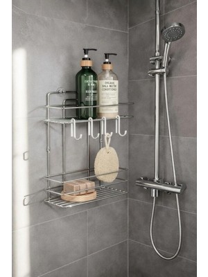 TeknoKapsül Lüks Krom Metal 2 Katlı Banyo Rafı Şampuanlık Duş Rafı Askılı Yapışkanlı Duvara Monte Tş-02