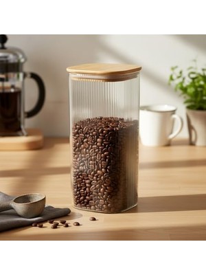 TeknoKapsül 10X25 cm Bambu Kapaklı Kare Cam Saklama Kavanozu - Vakumlu Dev Boy Şeffaf Erzak Kabı Spagetti Makar