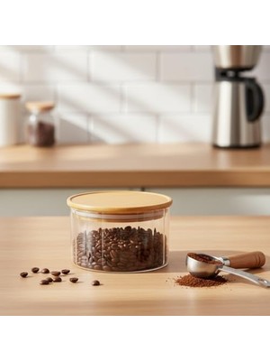 TeknoKapsül Linie Slim Bambu Kapaklı Borosilikat Cam Saklama Kabı - 300 ml Çizgili Vakumlu Baharatlık, Çay K