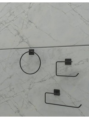 TeknoKapsül Banyo Yapışkanlı Siyah Kare Topuz Havluluk Kare Tuvalet Kağıtlık Kare Peçetelik Seti Düzenleyici