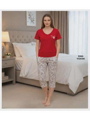 Mihra Kadın Viskon V Yaka Kısa Kol Kapri Likralı Pijama Takımı 40111K - 1 Adet