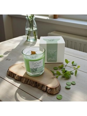 TeknoKapsül Yeşilçay Kokulu Ahşap FITILLI%100 Soya Mum - Şeffaf Bardak Yeşil Renkli Aromaterapi 150CC