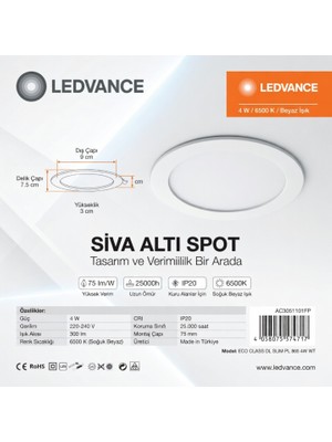 Ledvance 4W 6500K 285LM IP20 Beyaz Işık Gömme Spot Armatür