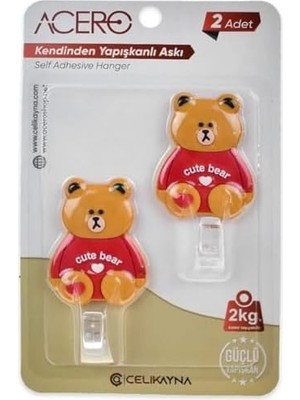 TeknoKapsül Cute Kendinden Yapışkanlı Askı 2li, Sevimli Ayıcık Mutfak Banyo Askısı x 2 Adet, 2 kg Taşıma Kap
