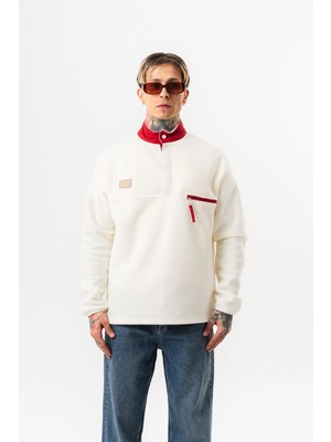 Respire Erkek Düğme Detaylı Oversize Polar Sweatshirt Ekru