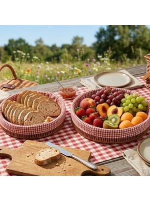 TeknoKapsül Hasır Yuvarlak Ekmek Sepeti, Kırmızı Beyaz Kareli Kumaş Astarlı, 2'li Set, 25 cm 30 Cm, Piknik V