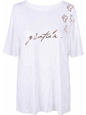 Trender Kelebek Baskı Ekru Kadın T-Shirt 26YDT1000097
