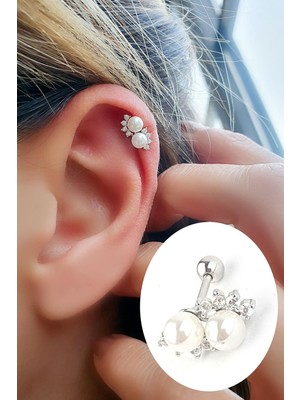 Ose Shop Zirkon Taş Detaylı Incili 925AYAR Gümüş Tragus Kıkırdak Helix Piercing