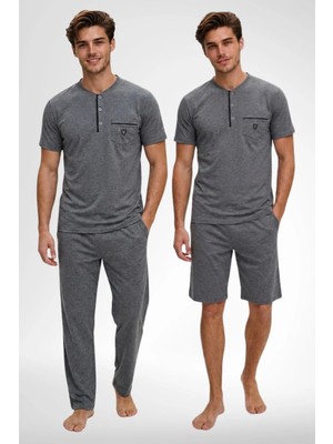 Mecit Pijama Mecit 4008 Füme %100 Pamuk 3'lü Büyük Beden Erkek Pijama Takımı
