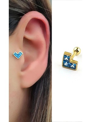 Ose Shop Aquamarin Taşlı Kalp Figürlü 925AYAR Gümüş Üzerine Altın Kaplama Luxury Tasarım Tragus Kıkırdak Piercing