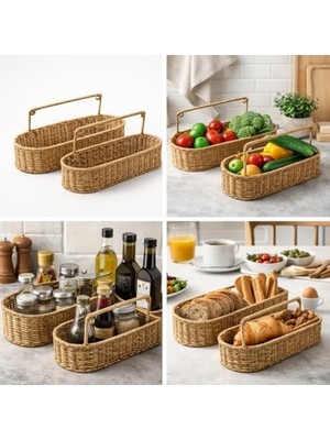 TeknoKapsül El Dokuması Hasır Oval Sepet Seti, Doğal Hasır Lifi, 2'li Set, Saplı, 30X10X15 cm 20X7X11 cm