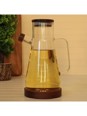 TeknoKapsül Borosilikat Cam Yağdanlık, Sürahi Sosluk Ahşap Kapaklı Altlıklı, 900 Ml, 23X4 cm