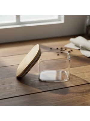 TeknoKapsül 400 ml Bambu Kapaklı Kare Cam Saklama Kabı - Dikey Çizgili Rölyef Desenli Vakumlu Kahvaltılık Er