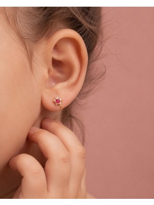 Sarezza Gold 14 Ayar Altın Pembe Taşlı Çiçek Çocuk Halka Küpe
