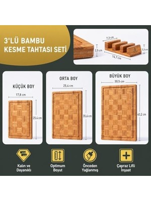 TeknoKapsül Daisy 3’lü Bambu Kesme Tahtası Seti Büyük Orta Küçük Boy Et Sebze Sunum & Servis Tahtası