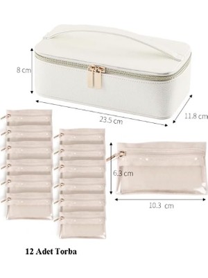 TeknoKapsül Km-10 Lüks Takı Kutusu, Beyaz Deri, 23.5X11.8X8 Cm, Taşınabilir Mücevher Organizatörü, 12 Adet Kese