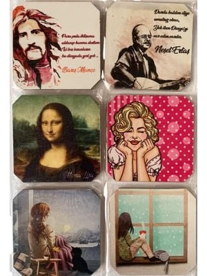 TeknoKapsül Bardak Altlığı 6'lı Şans Butiği Ahşap Baskılı Doğa, Ünlüler, Sanat Eserleri, Mandala, Ilham Verici