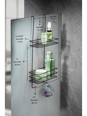 TeknoKapsül Paslanmaz 2 Katlı Askılı Banyo Duş Rafı Sabunluk Duşakabin Şampuanlık Siyah
