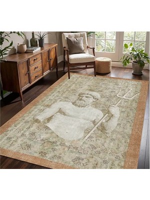 Vivense Poseidon Heykeli Mitolojik Tasarımlı Eskitme Dekoratif Halı, Dokuma Taban Halı, 332 Yng, 150X23