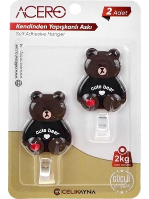 TeknoKapsül Cute Kendinden Yapışkanlı Askı 2li, Sevimli Ayıcık Mutfak Banyo Askısı x 2 Adet, 2 kg Taşıma Kap