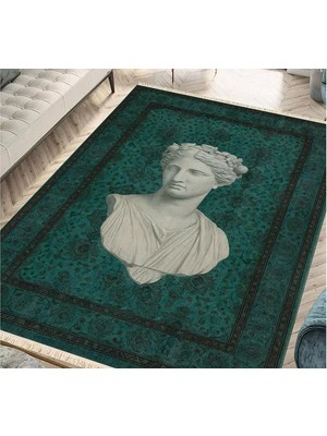 Vivense Zümrüt Yeşili Mitolojik Büst Tasarımlı Eskitme Dekoratif Dokuma Taban Halı, 333 Yng, 80X150 cm