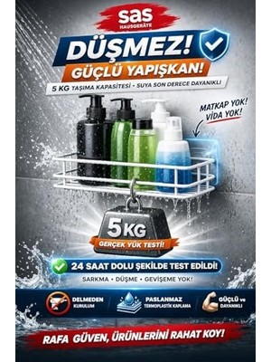 TeknoKapsül Yapışkanlı Duş Rafı, Delmeden Montaj Banyo Rafı, Paslanmaz Şampuanlık Organizer, Güçlü Yapışkanlı D