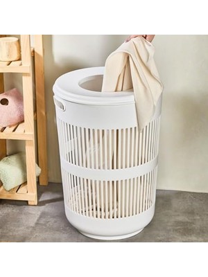 TeknoKapsül Yuvarlak Kirli Çamaşır Sepeti, Beyaz, Plastik, 90 L Kapasiteli,