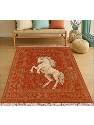 Vivense At Figürlü Vintage Kırmızı Desenli Halı, Etnik Kilim Dokuma Taban Halı, 327 Yng, 150X230 cm