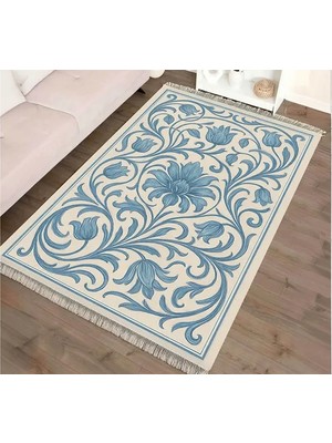 Vivense Vintage Mavi Lale Desenli Halı, Dokuma Taban Halı, 328 Yng, 80X200 cm