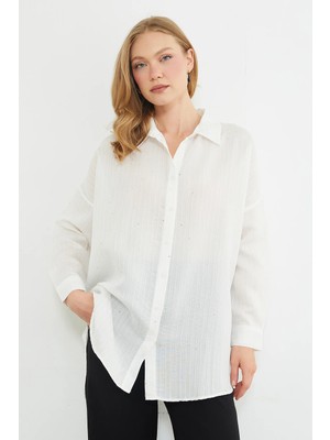 FullaModa Fullamodest Pullu Jakarlı Oversize Gömlek