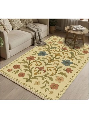 Vivense Bej Kır Çiçeği Vintage Dokuma Taban Halı, 397 Yng, 60X120 cm