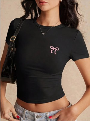 Nevermind Kadın Crop Baby Tee Fiyonk Baskılı Dar Kesim Y2K Estetik %100 Pamuk Basic Model BBT - 052 - RIBBON