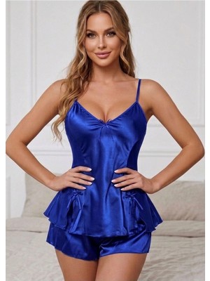 Pileli Store Pilelistore Mavi Saten Babydoll Şortlu Takım
