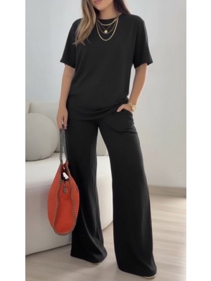 Alyn Wear Kadın Kısa Kollu Bisiklet Yaka Viskon Iki Iplik Bluz ve Pantolon Ikili Takım