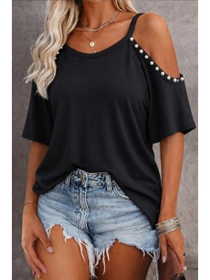 Alyn Wear Kadın Kısa Kollu Askılı Omuzlardan Açık Incili Viskon Bluz