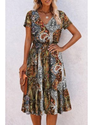 Alyn Wear Kadın Kısa Kollu V Yakalı Beli Lastikli Midi Süprem Elbise