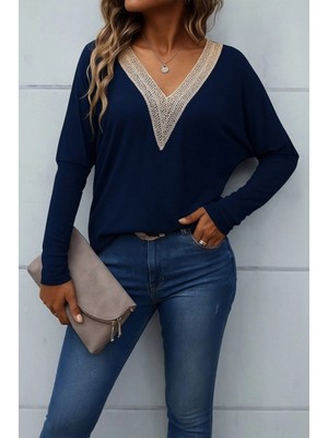 Pileli Store Pilelistore- Kadın Uzun Kollu V Yakalı Yarasa Kollu Viskon Bluz
