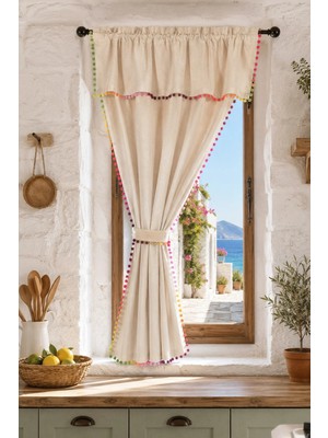 Cotton Maison Ponponlu Rainbow Boho Naturel  Fon Perde - Tek Kanat, Rustik ve Korniş Uyumlu