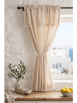 Cotton Maison Cozy Boho Naturel Püsküllü Fon Perde - Tek Kanat, Rustik ve Korniş Uyumlu