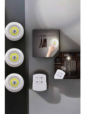 Erdo Ticaret Spot Lamba LED Işık 3'lü Uzaktan Kumandalı Pilli Yapışkanlı Kablosuz