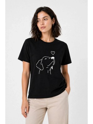 Pileli Store  Köpek Figürlü Minimal Baskılı Tişört Kısa Kol Yazlık T-Shirt - Siyah