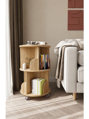 Nifi Art 360° Mdflam 2 Raflı Dekoratif Döner Kitaplık - Atlantik Çam- 71X45 Dekoratif Düzenleyici ve Organizer