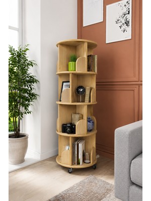 Nifi Art 360° Mdflam 4 Raflı Dekoratif Döner Kitaplık - Atlantik Çam- 133X45 Dekoratif Düzenleyici ve Organizer