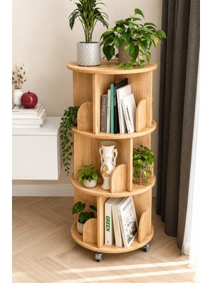 Nifi Art 360° Mdflam 3 Raflı Dekoratif Döner Kitaplık - Atlantik Çam- 103X45 Dekoratif Düzenleyici ve Organizer
