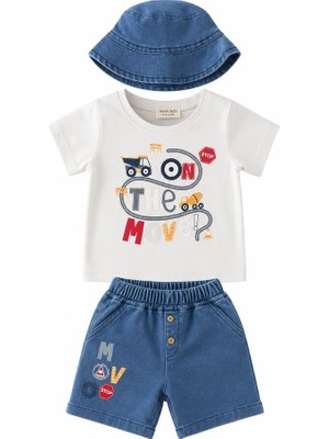 Lika&Nika Erkek Bebek 3'lü Takım %100 Pamuklu Tişört, Lastik Belli Denim Şort ve Şapka