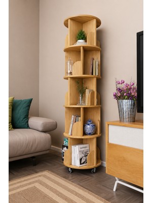 Nifi Art 360° Mdflam 5 Raflı Dekoratif Döner Kitaplık - Atlantik Çam- 166X45 Dekoratif Düzenleyici ve Organizer Ayarlanabilir