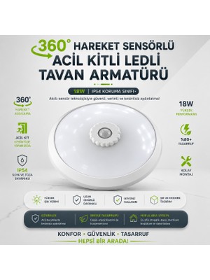 Badem10 Sensörlü 18W LED Tavan Armatürü Acil Kitli 360 Derece Hareket Sensörlü Tavan Lambası Beyaz