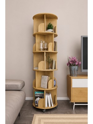 Zeo Wood Design 360° Mdflam 5 Raflı Dekoratif Döner Kitaplık - Atlantik Çam- 166X45 Dekoratif Düzenleyici ve Organizer Ayarlanabilir